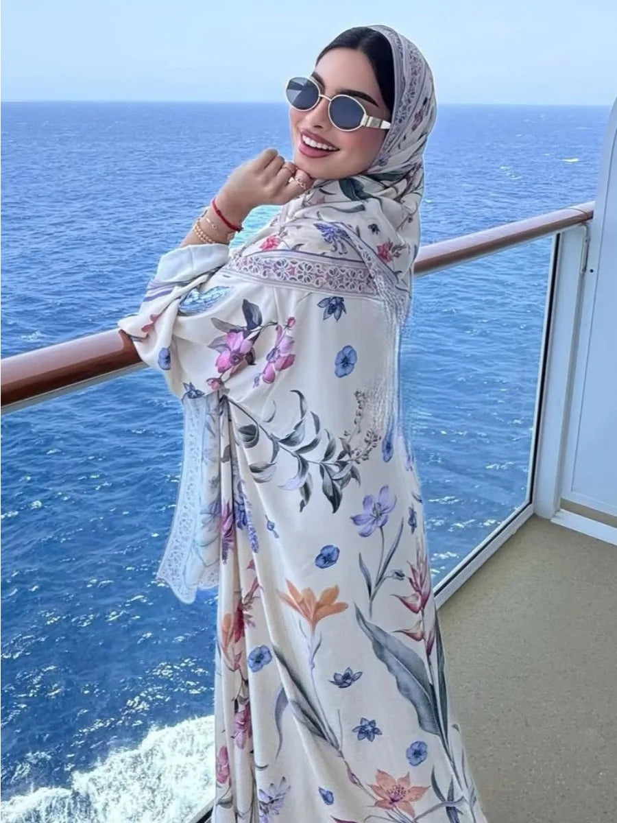 HIA Floral Border Open Abaya — Ivory Floral, scarf styling by the sea