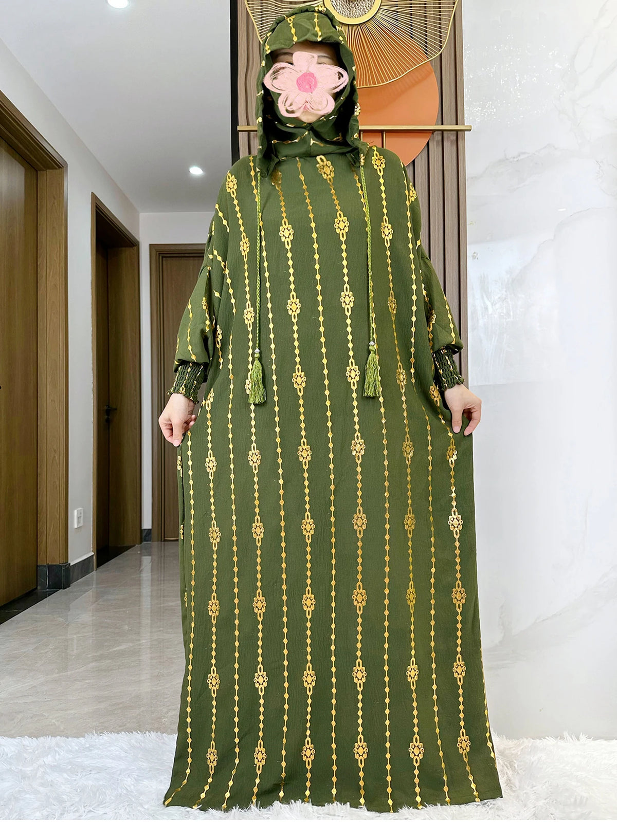 HIA Gold-Accent Hooded Prayer Dress in Olive, full front view