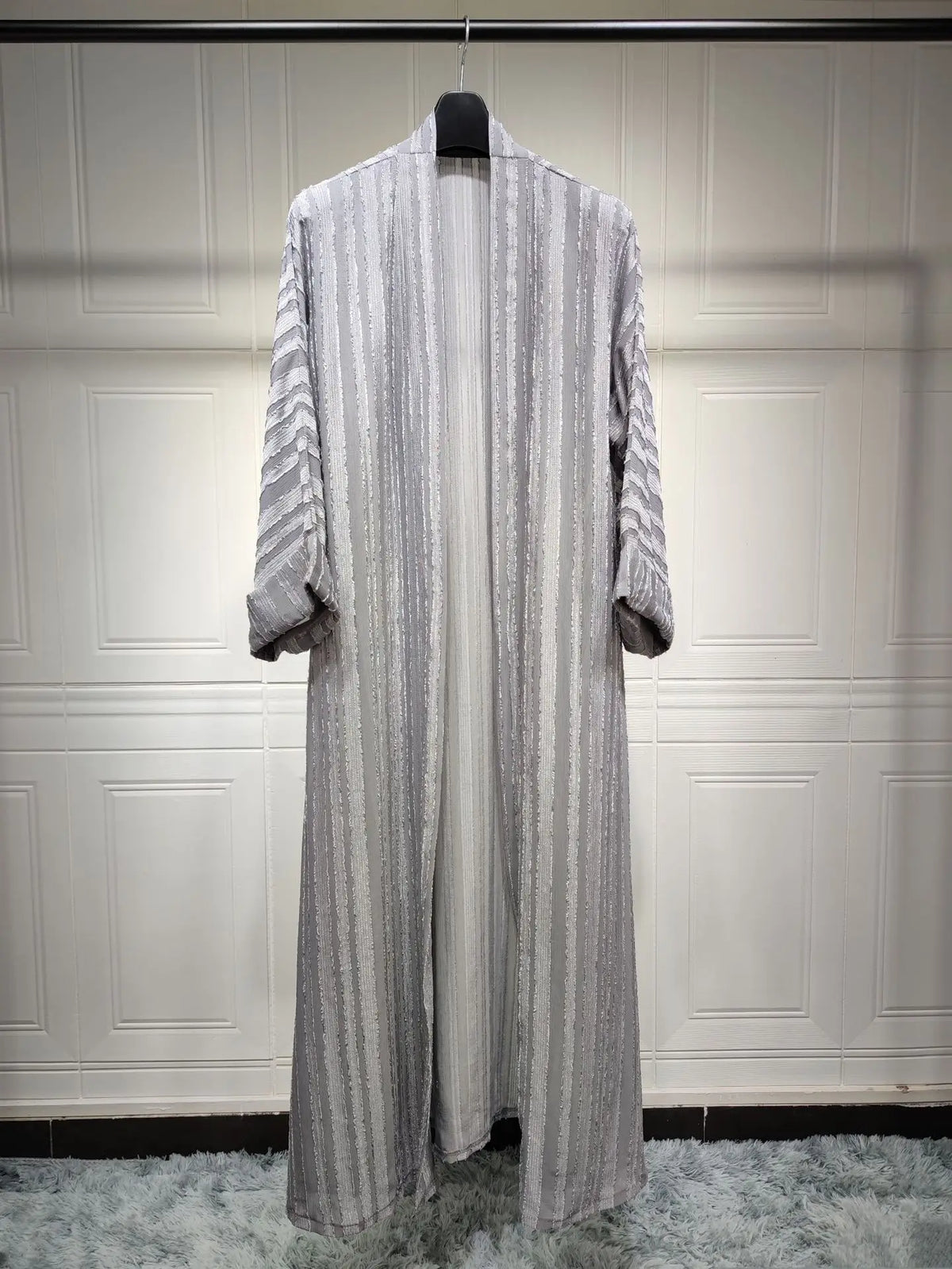 Textured Stripe Open Abaya in Gray — HIA