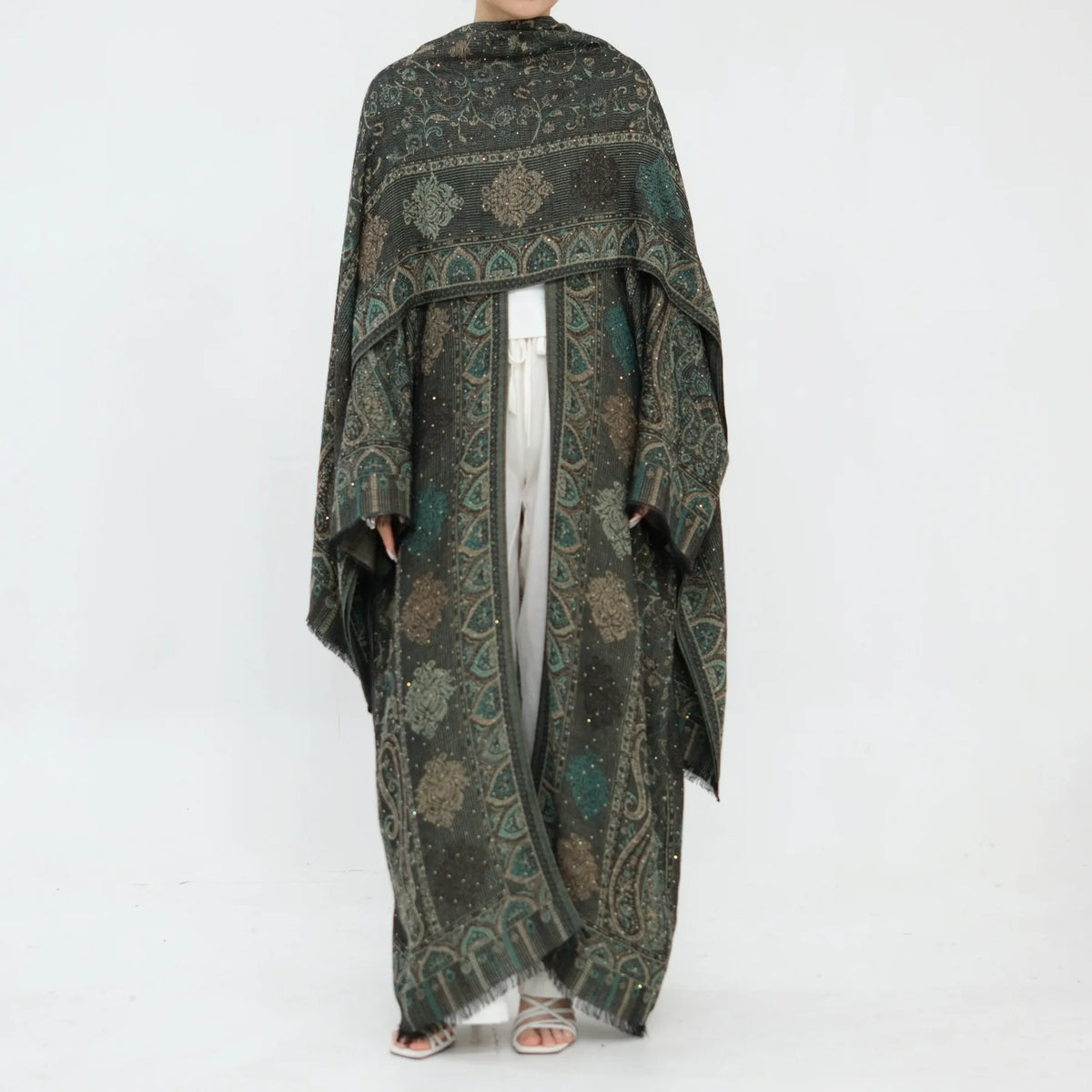 Ornate Paisley Abaya & Shawl Set — Dark Purple flowing sleeves