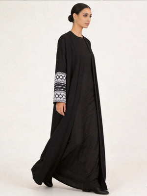 HIA black contrast-cuff open abaya – side view