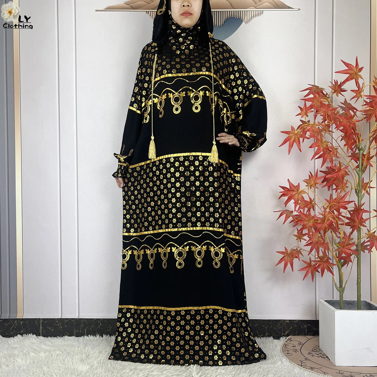 Gold-Motif Hooded Prayer Dress | HIA