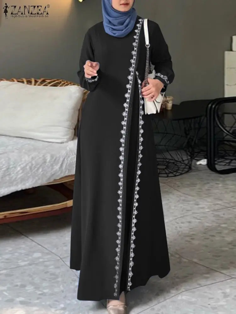 ZANZEA Lace Patchwork Maxi Dress – Stylish Long-Sleeve Abaya