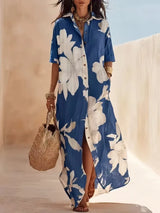 Green botanical print short-sleeve shirt dress