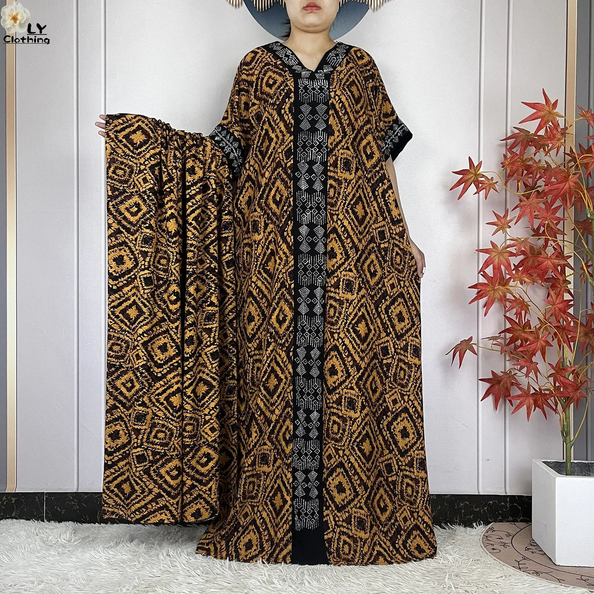 Geometric Maxi Dress & Oversized Scarf Set — Tan Geometric | HIA
