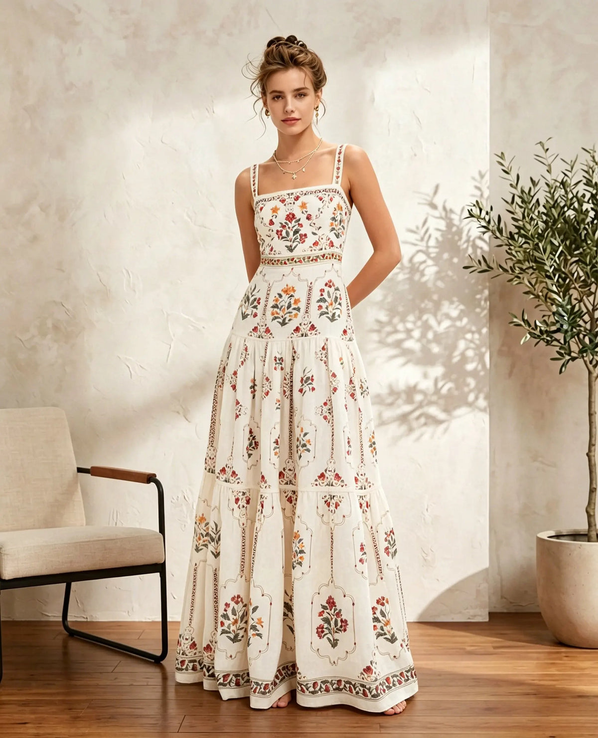 Floral Border Square-Neck Cami Maxi Dress — front styling