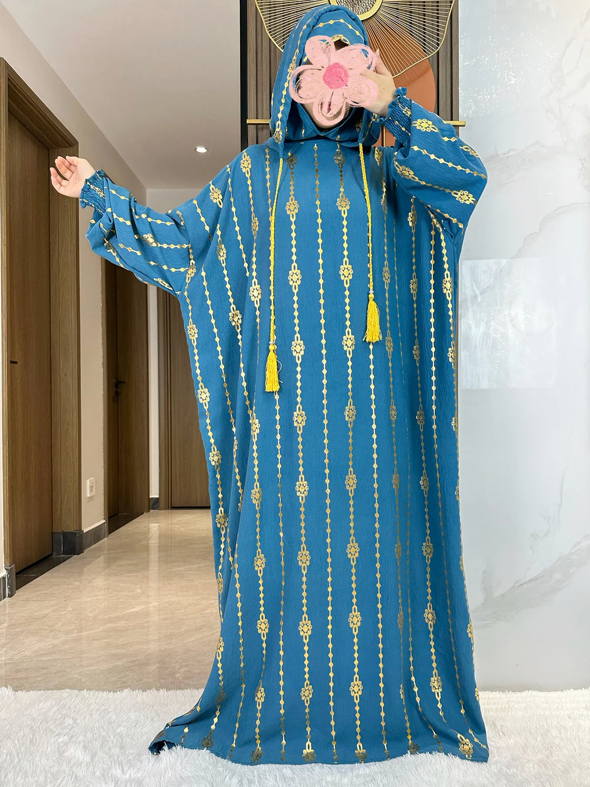 HIA Gold-Accent Hooded Prayer Dress in Denim Blue, full front view