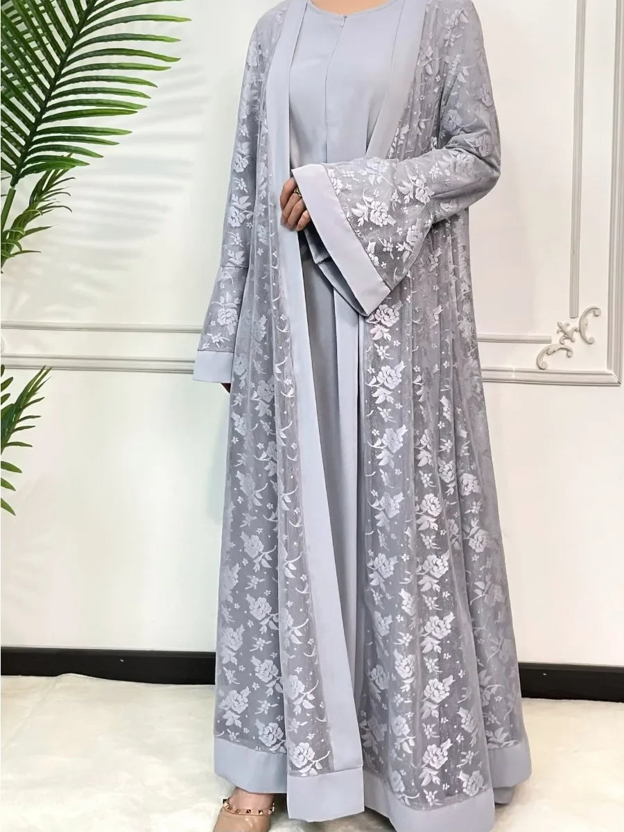 HIA Floral Lace Abaya & Inner Dress Set — Light Gray, alternate front view