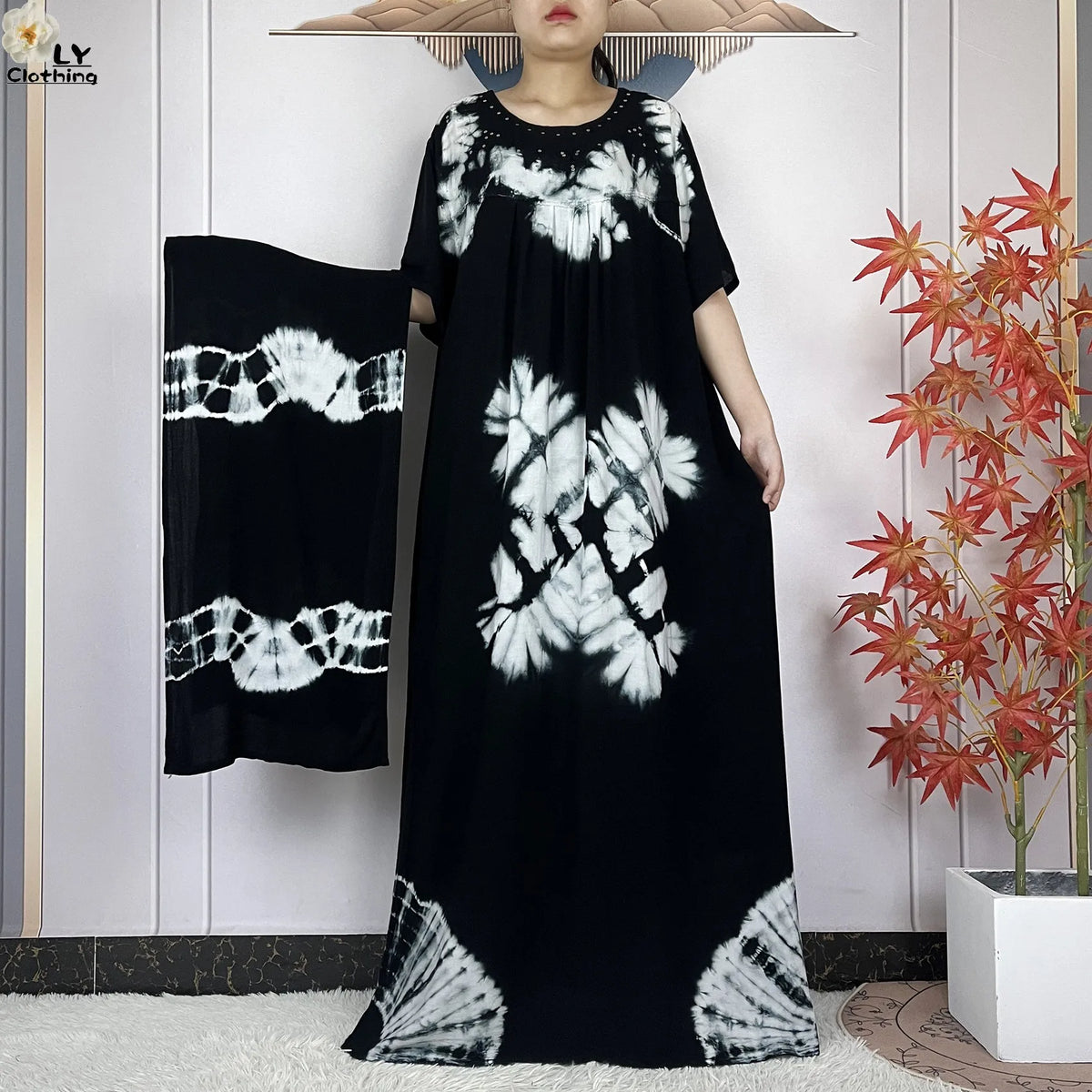 Black & White botanical-print dress with coordinating scarf