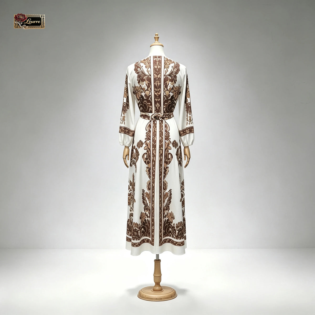 HIA ivory and brown floral belted dress — mannequin front view