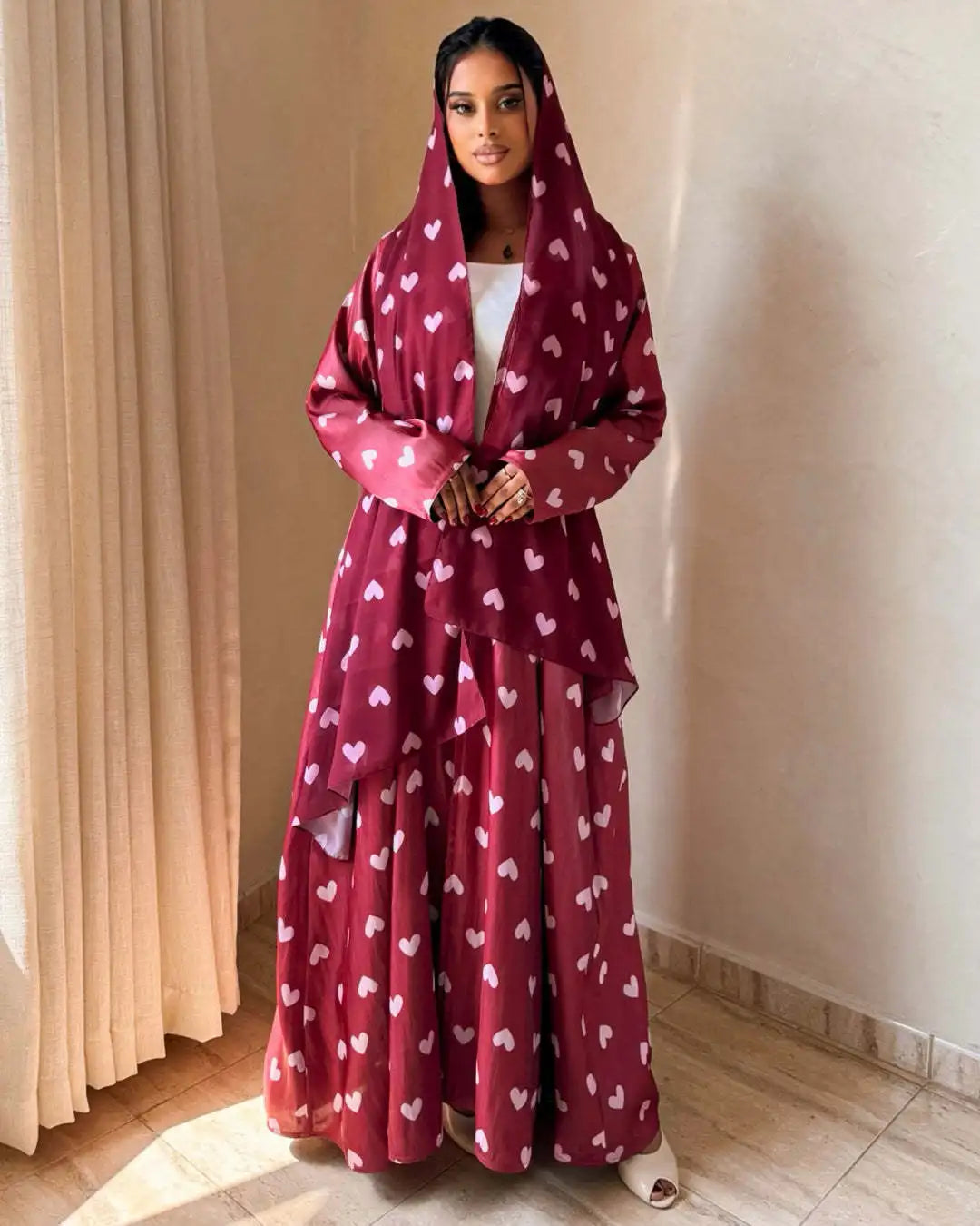 Heart Print Abaya & Hijab Set — Burgundy with Pink Hearts front