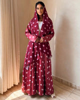 Heart Print Abaya & Hijab Set — Burgundy with Pink Hearts front