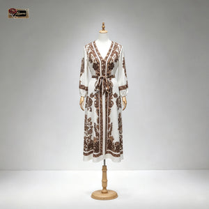 HIA ivory and brown floral belted dress — mannequin back view