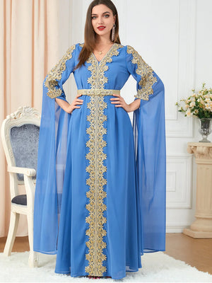 HIA Gilded Cape-Sleeve Occasion Dress — Light blue front