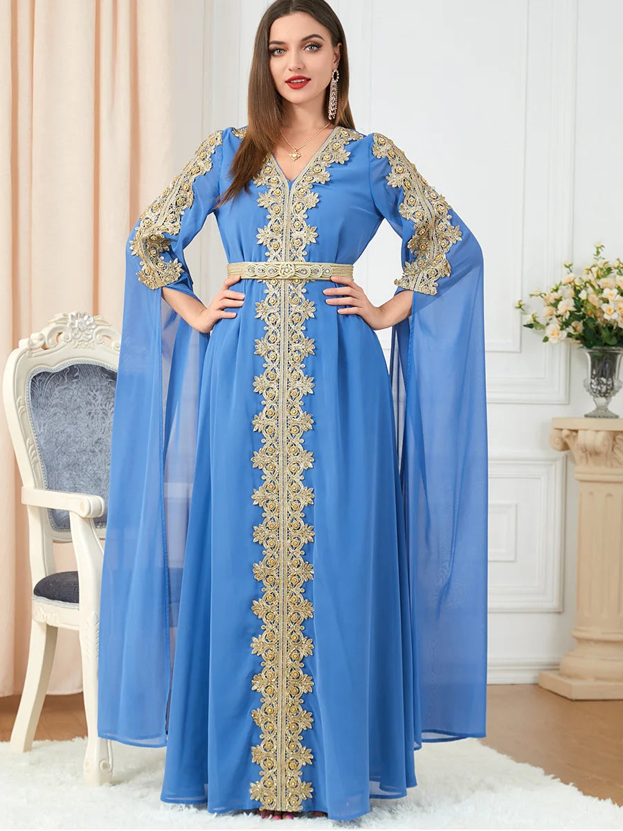 HIA Gilded Cape-Sleeve Occasion Dress — Light blue front