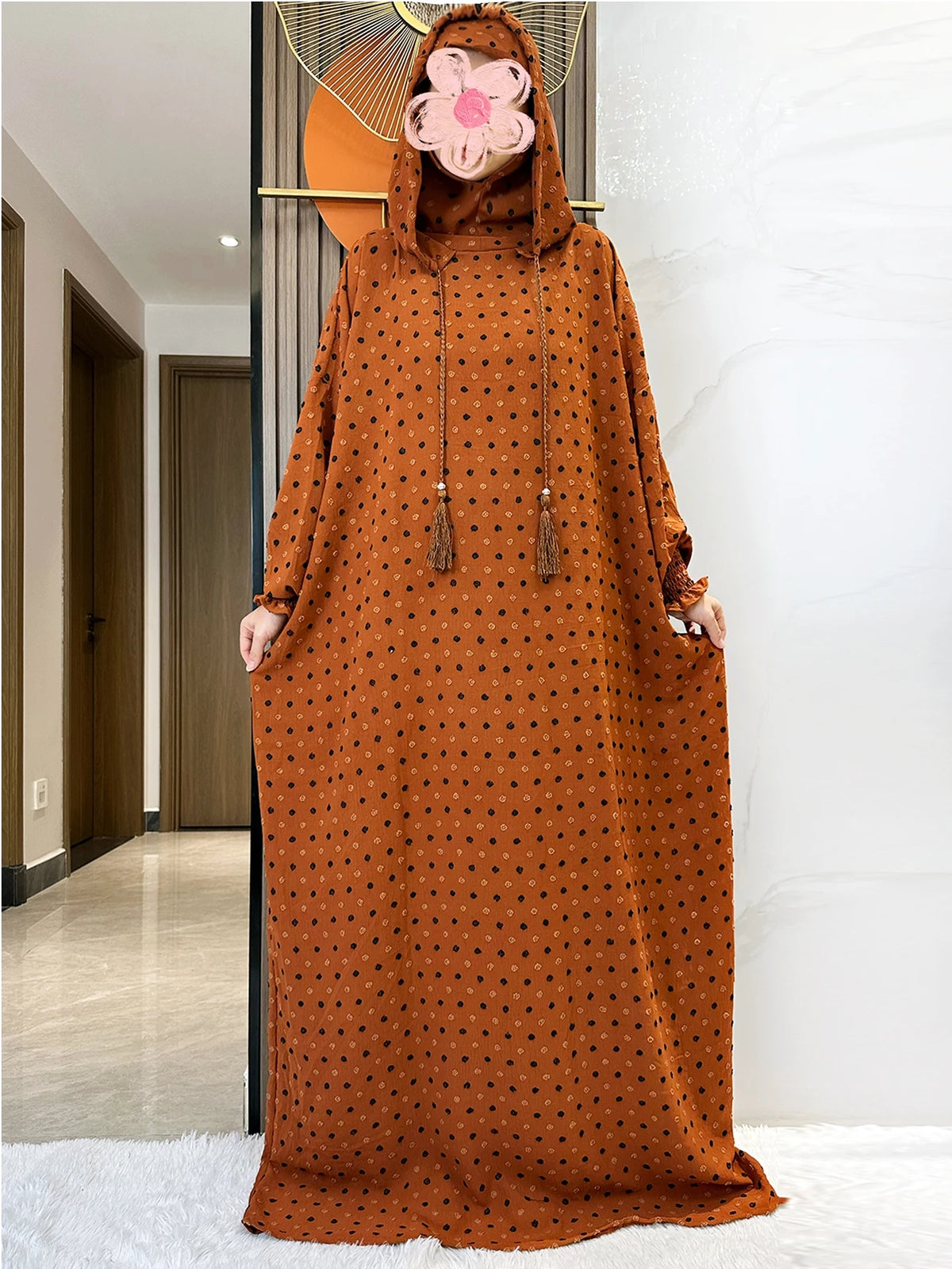 Ochre Textured Dot Hooded Prayer Dress, full-length front view