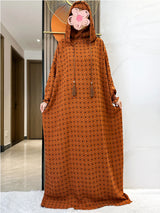 Ochre Textured Dot Hooded Prayer Dress, full-length front view