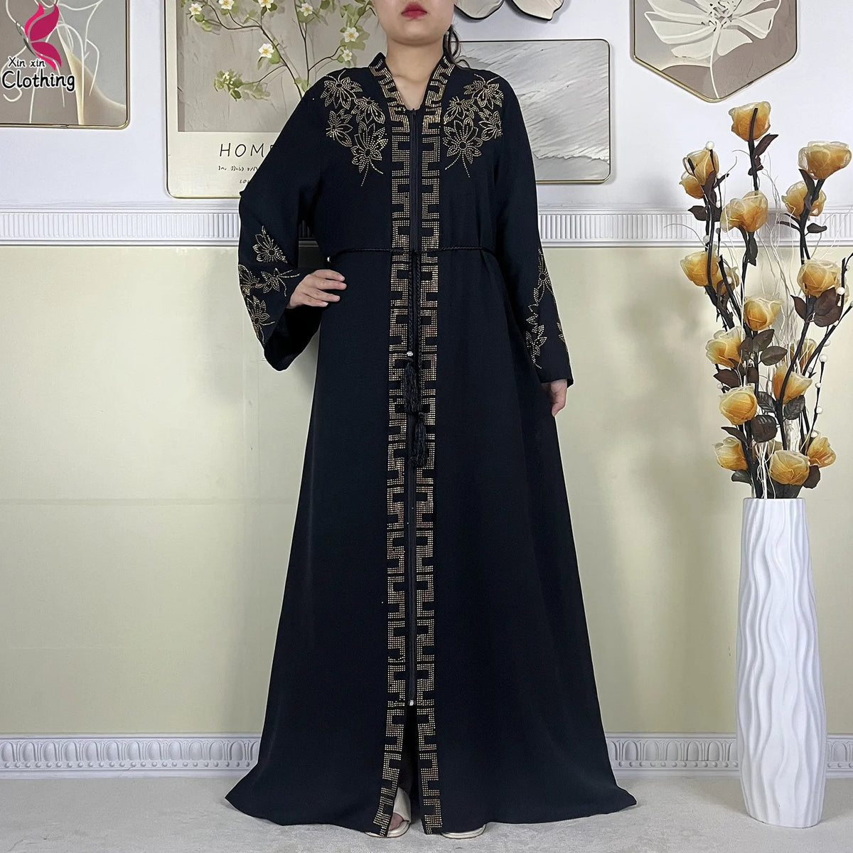 Black Ornate abaya front view