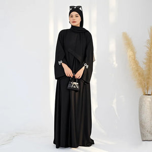 HIA Bow-Cuff Satin Abaya — Deep Green full-length