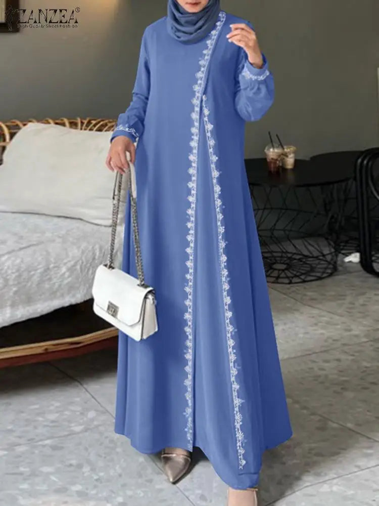 ZANZEA Lace Patchwork Maxi Dress – Stylish Long-Sleeve Abaya