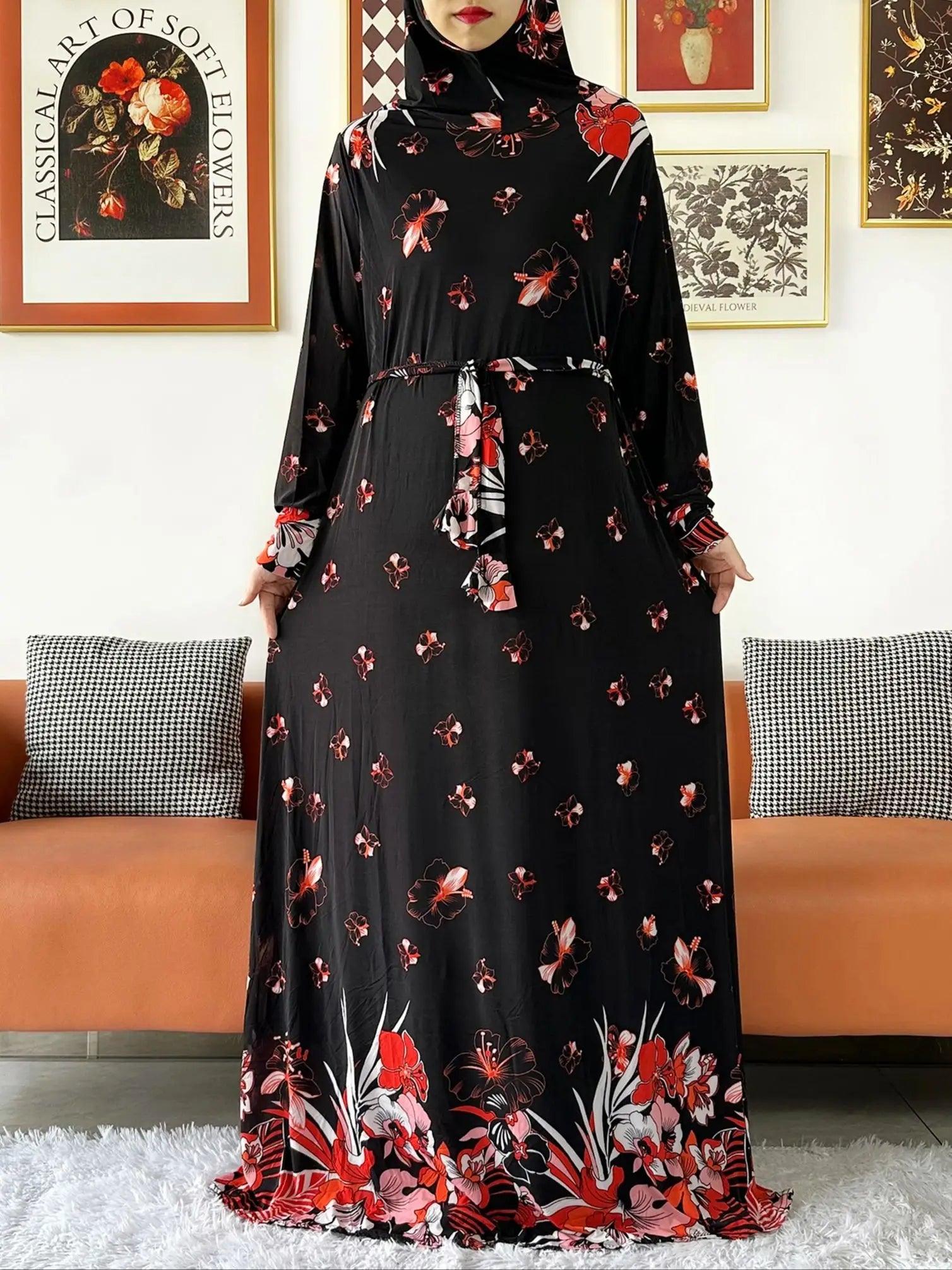 Floral Attached-Hijab Kaftan – Ramadan Prayer Dress