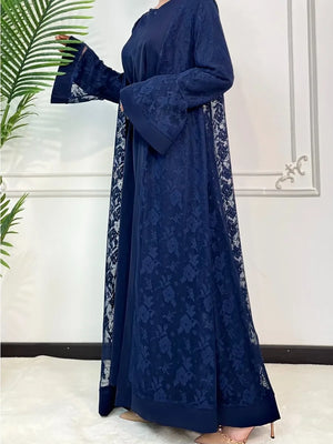 HIA Floral Lace Abaya & Inner Dress Set — Navy, front view