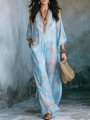 HIA pastel paisley V-neck kaftan — Ivory full front view