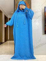 Blue fine-dot hooded prayer dress, full-length front view