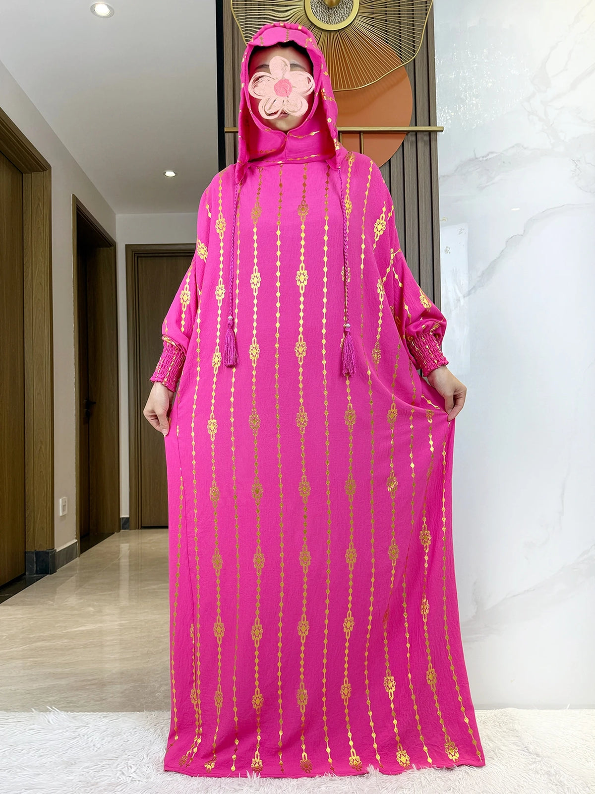 HIA Gold-Accent Hooded Prayer Dress in Fuchsia, full front view