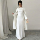 Pearl-Trim Cape Maxi Dress — Coffee dress on mannequin