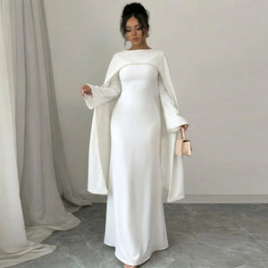 Pearl-Trim Cape Maxi Dress — Coffee dress on mannequin