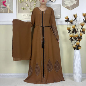 Caramel Leaf abaya with decorative hem motifs