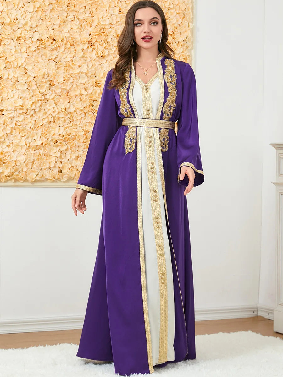 HIA Gilded Trim Abaya & Dress Set — Purple front