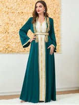 HIA Gilded Trim Abaya & Dress Set — Deep Green styled front