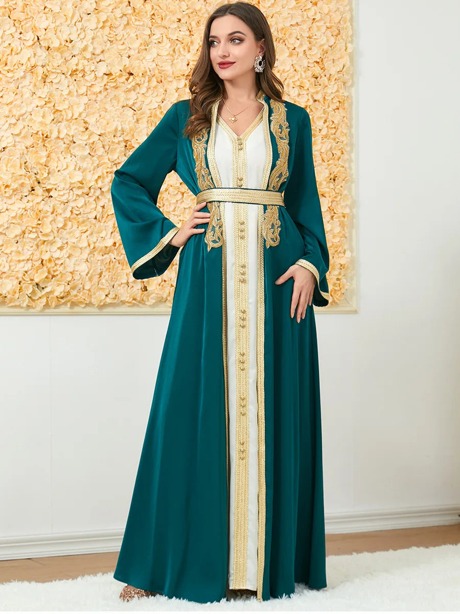 HIA Gilded Trim Abaya & Dress Set — Deep Green styled front