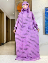 Lilac fine-dot hooded prayer dress, full-length front view