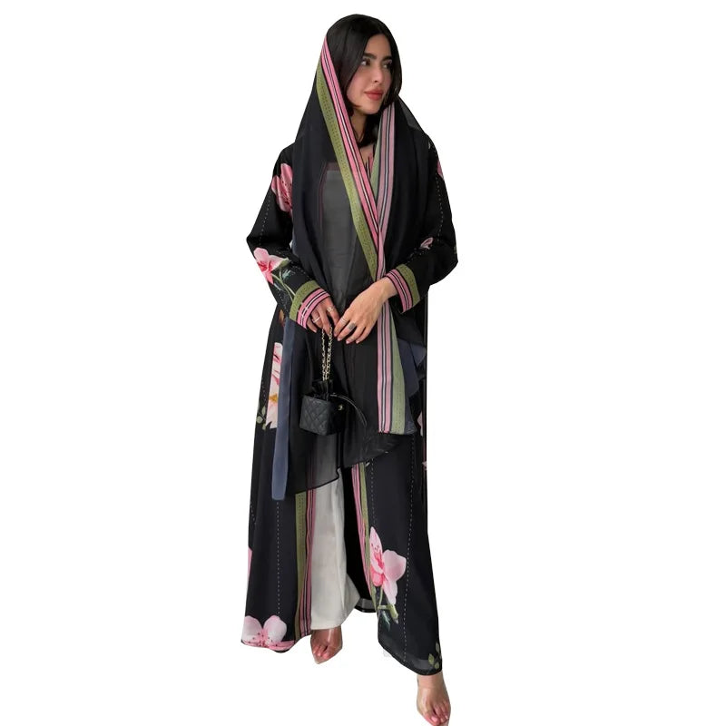 Black Floral Border Abaya & Hijab Set — product view 5