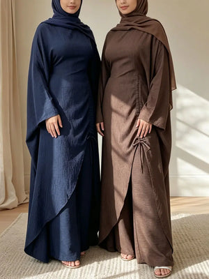 HIA Ruched Crinkle Tunic & Wide-Leg Trousers Set — outfit and fabric detail, view 1