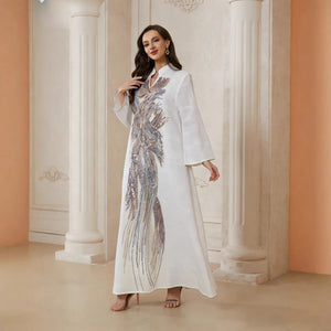 Sequin Feather-Pattern Kaftan Dress — White styling reference; available colors are Apricot and Gray