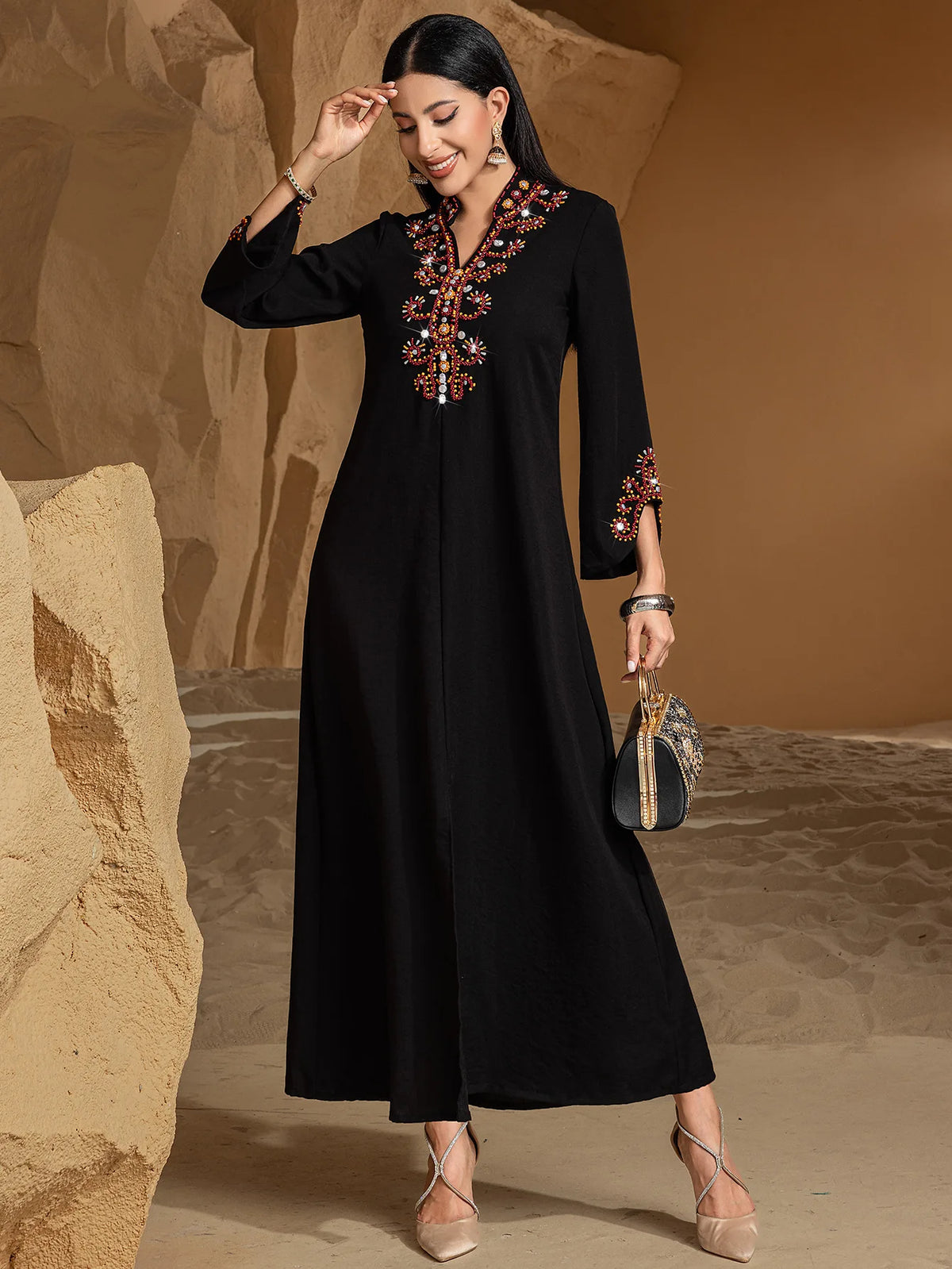 Embellished Neckline Occasion Dress — Black full-length front