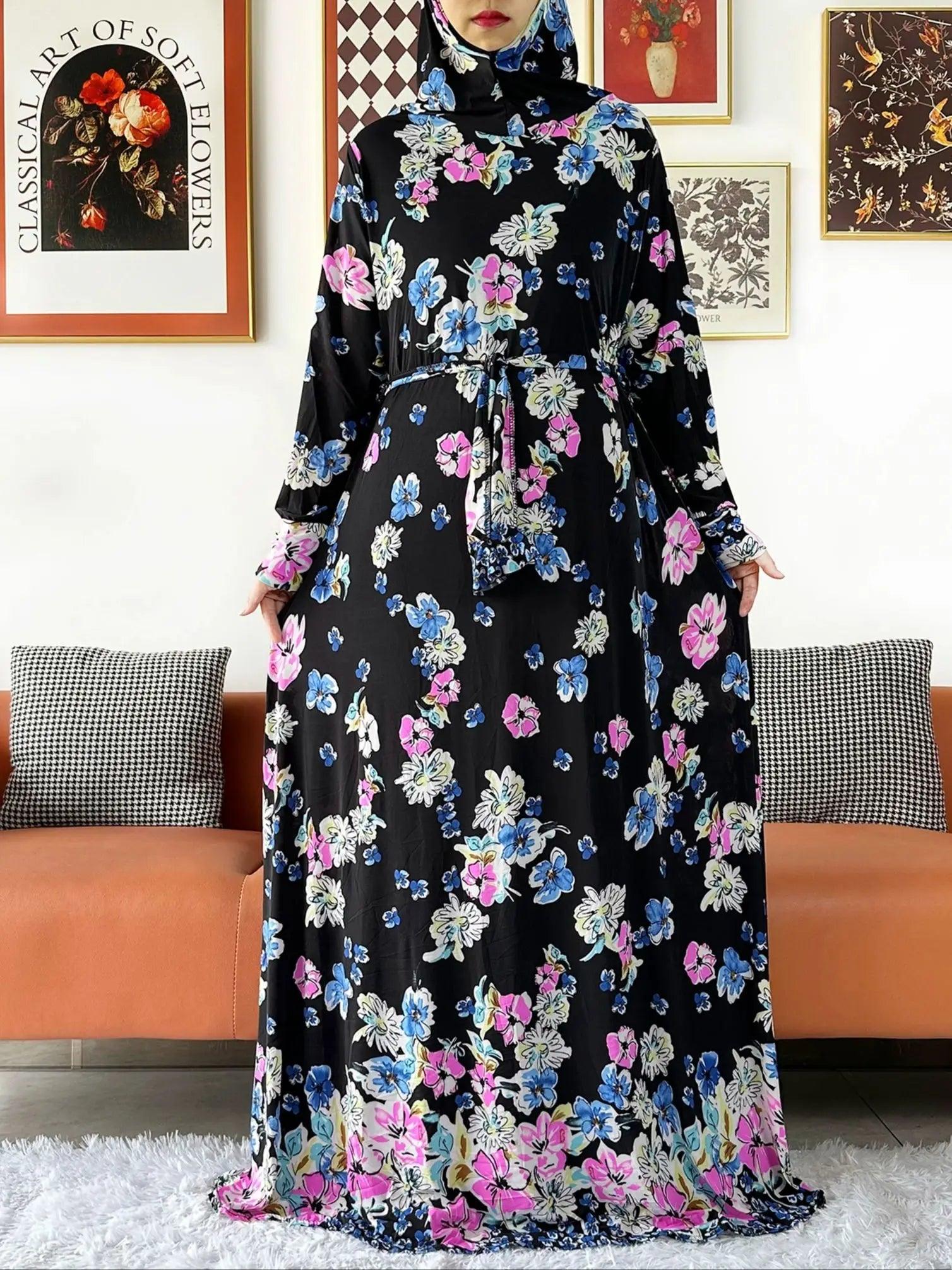 Floral Attached-Hijab Kaftan – Ramadan Prayer Dress