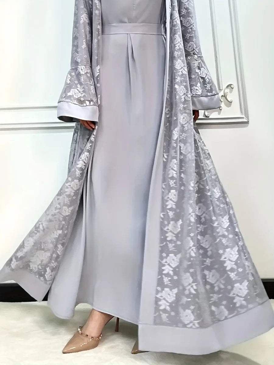 HIA Floral Lace Abaya & Inner Dress Set — Light Gray, inner dress and open lace layer