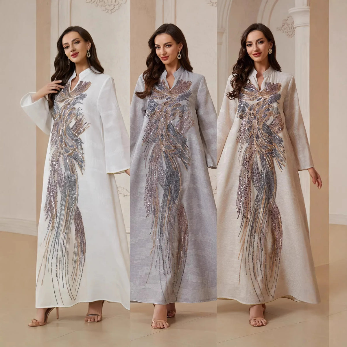 Sequin Feather-Pattern Kaftan Dress — color and styling overview