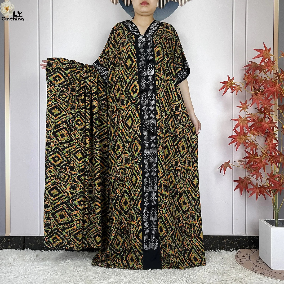 Geometric Maxi Dress & Oversized Scarf Set — Olive Geometric | HIA