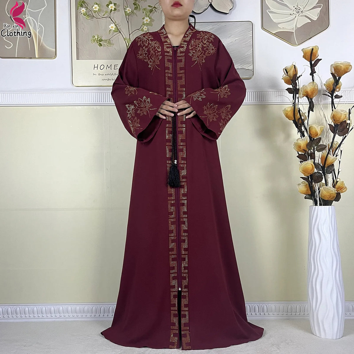 Burgundy Ornate abaya front view