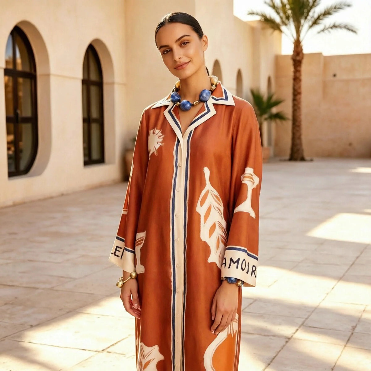 Terracotta shirt dress showing collar and print