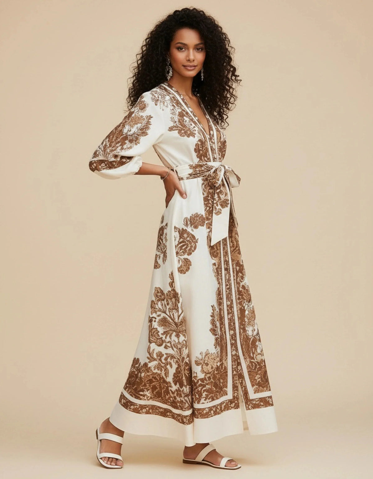 HIA ivory and brown floral belted dress — side styling