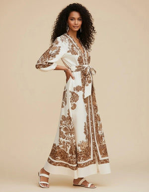 HIA ivory and brown floral belted dress — side styling