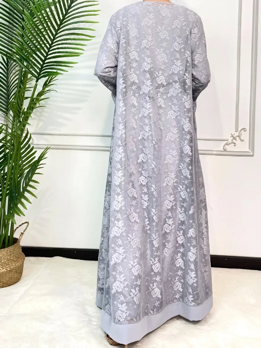 HIA Floral Lace Abaya & Inner Dress Set — Light Gray, back view
