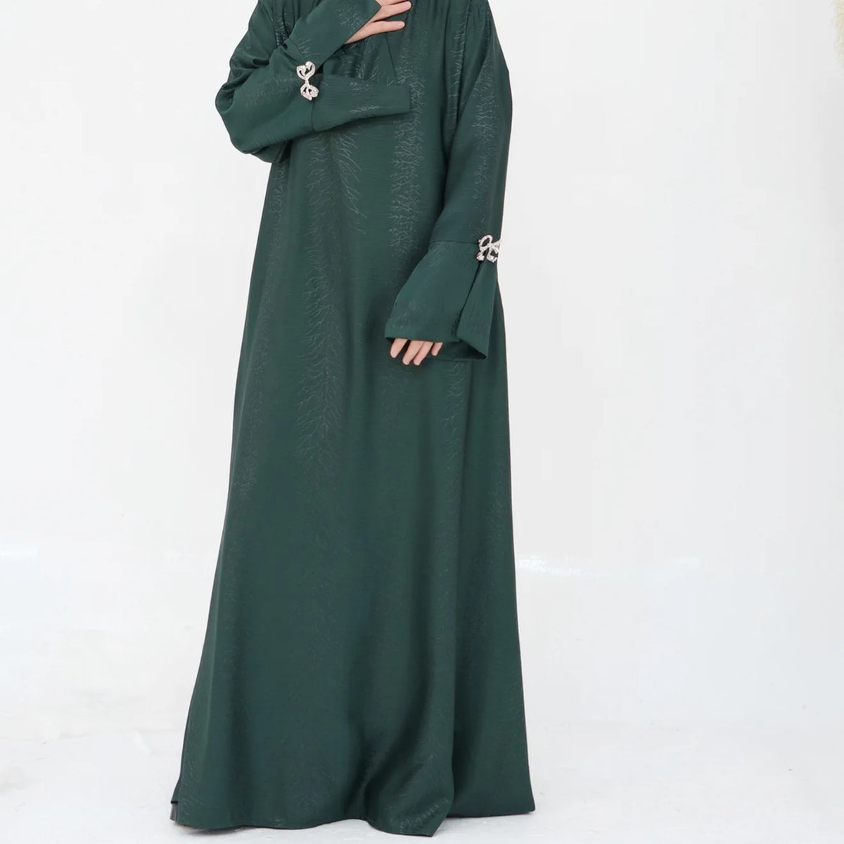 HIA Bow-Cuff Satin Abaya — Navy cuff detail